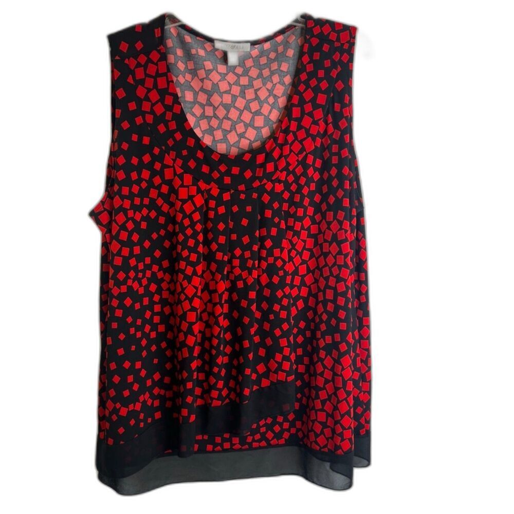 Roz & Ali Black Red Squares Pattern Scoop Neck Tank Top Plus Size 2X